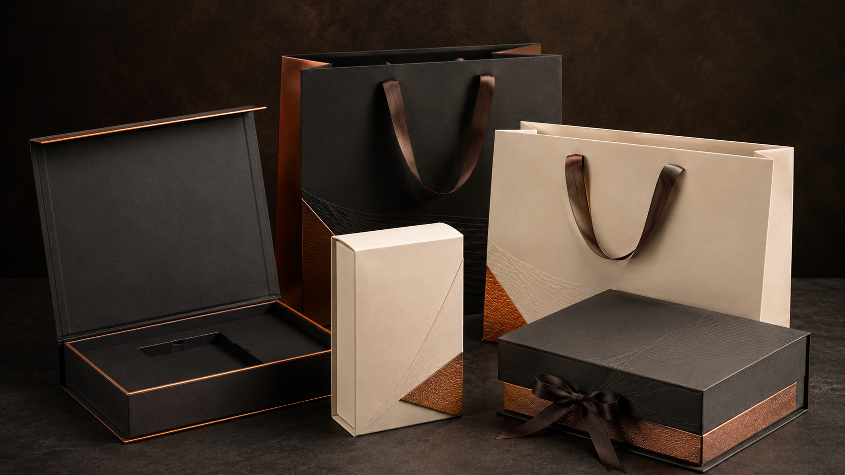 Premium custom paper shopping bags and coordinated boxes